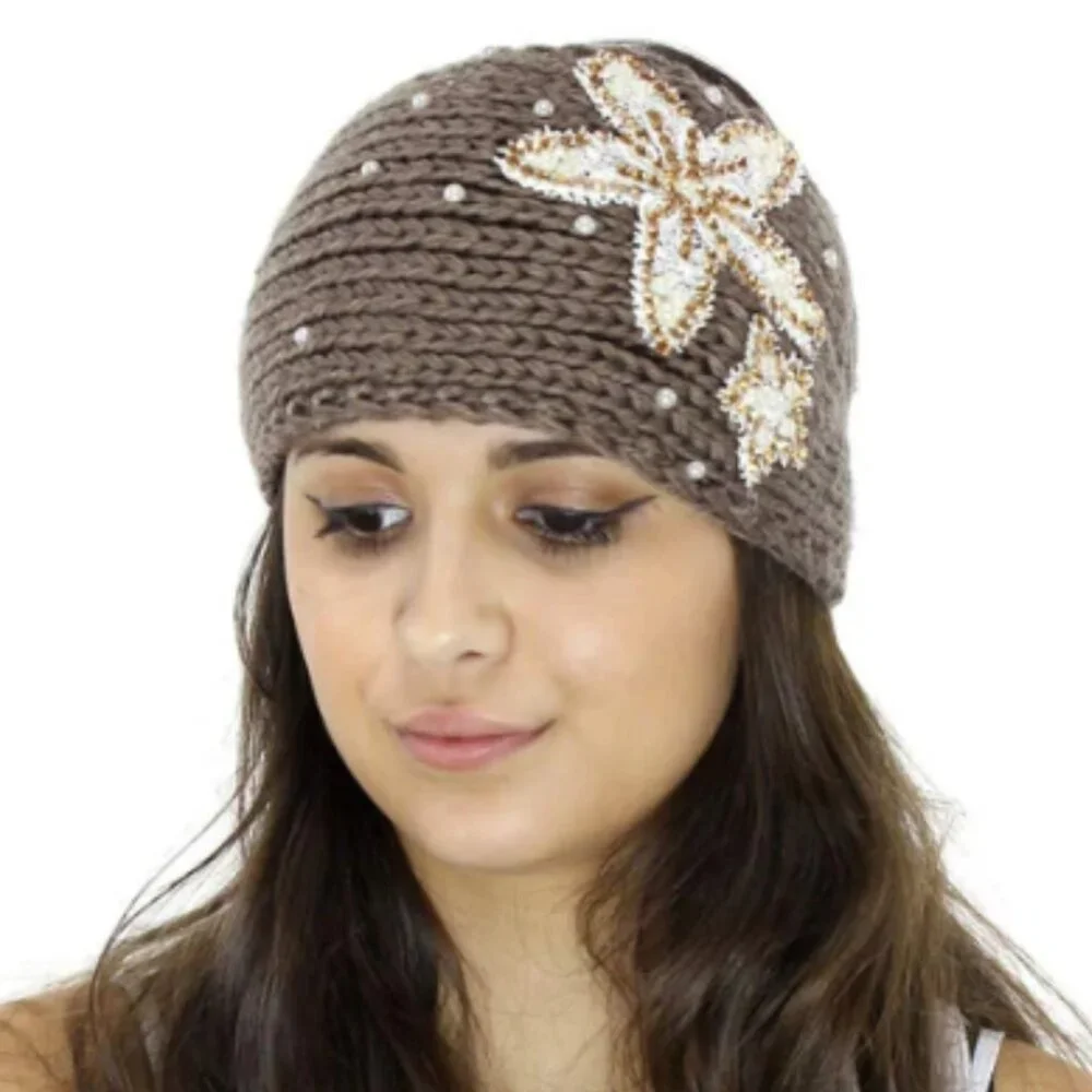 VERY MODA Khaki Knit Sequin Flower Embellished Headband One Size NWT